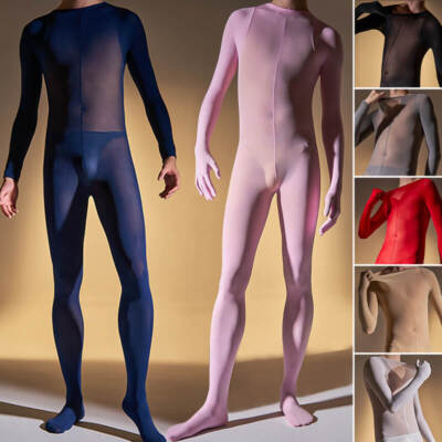 Mens Velvet Sheer Jumpsuit High Elastic Full Body Stockings Bodysuit with Gloves