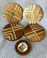 MCM Style Wood & Brass 4 Coasters with Geomet...