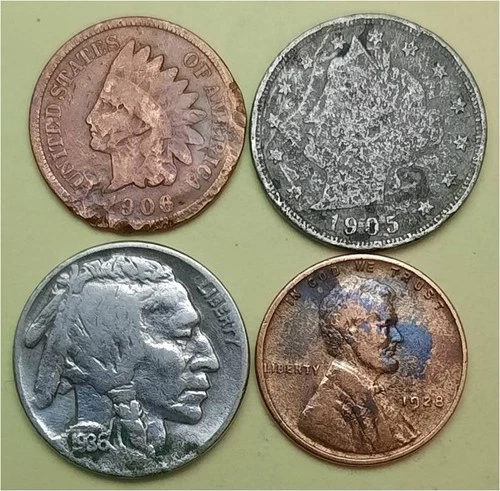 Lot of 4 Old Coins – 1 Indian Head Penny, 1 Lib V 5c, 1 Buffalo 5c & 1 Linc 1c