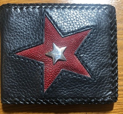 Short Black Cowhide Bifold Wallet w/red Stingray and star - Biker accesories