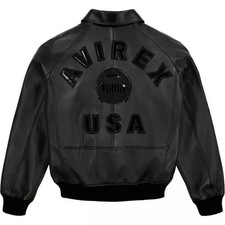 Mens Avirex USA Black Real Leather Bomber Jacket American Pilot Flight Jacket