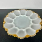 Vintage Milk Glass Deviled Egg Plate 10” Scalloped Gold Hollywood Regency MCM