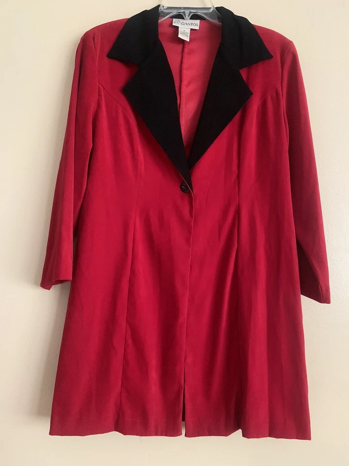 Conjunto de 2 piezas de vestido chaqueta ribete negro rojo esmoquin de terciopelo vintage para mujer fiesta navideña Foto 2 de 4