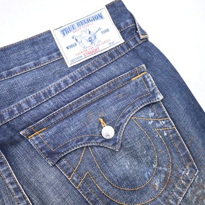 True Religion Straight Leg Paint Splatter Pocket Flaps Denim Jeans Mens 40 x 36