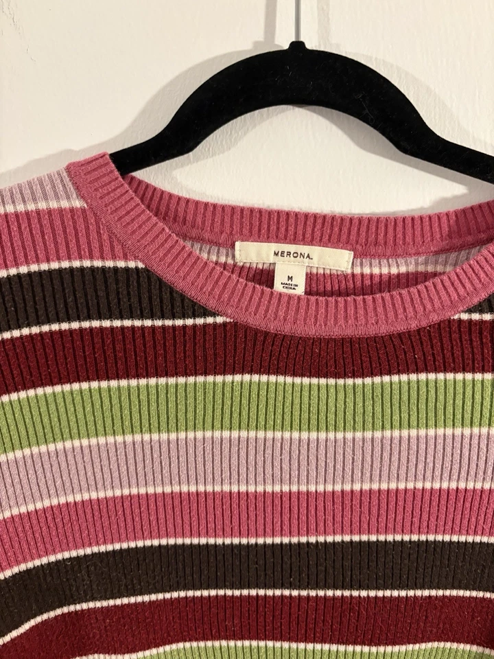 Suéter a Rayas Merona - Rosa Rojo Verde Marrón Rayas - Mujer’s M - Mezcla de Algodón Foto 2 de 4