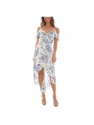 BCX DRESS Womens White Flutter Sleeve Party Faux Wrap Dress Juniors XS