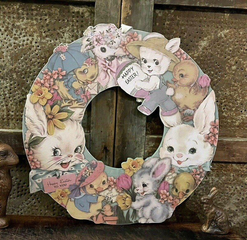 Happy Easter Bunny Vintage Retro Card Style Wood Wreath Duck Lamb Chick 14"