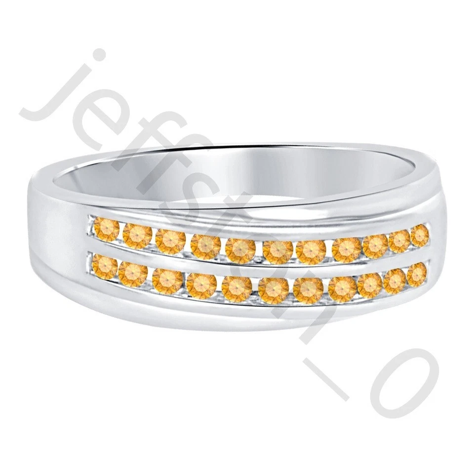 Anillo para hombre de oro blanco de 14 quilates de citrino creado en laboratorio de 0,90 quilates con banda de dos filas Foto 2 de 4