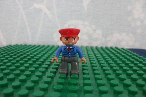 Lego Duplo Figure Train Conductor Red Hat Blue shirt Gray Pants Men Boy Man
