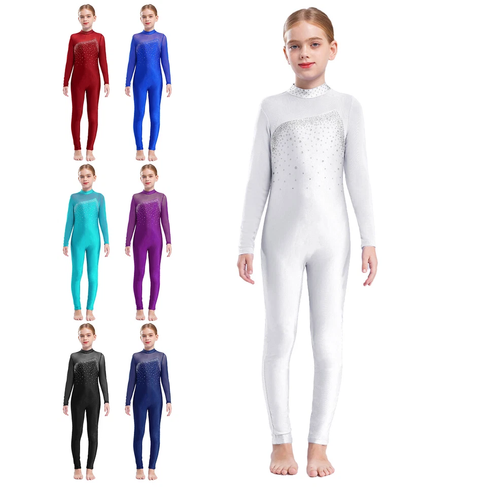 Girls Mock Neck Sparkly Long Sleeve Skating Unitard Catsuit Gymnastics Jumpsuit - Image 2 of 4
