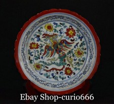 Ming Dynasty Blue White Wucai Porcelain Phoenix Bird Flower Pattern Plate Dish