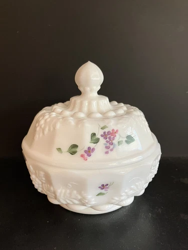 Vintage Fenton Milk Glass Covered Candy Dish Hand Painted Violets in the Snow