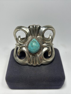 Navajo Native American Sterling Silver Heavy Sandcast Turquoise Cuff Bracelet