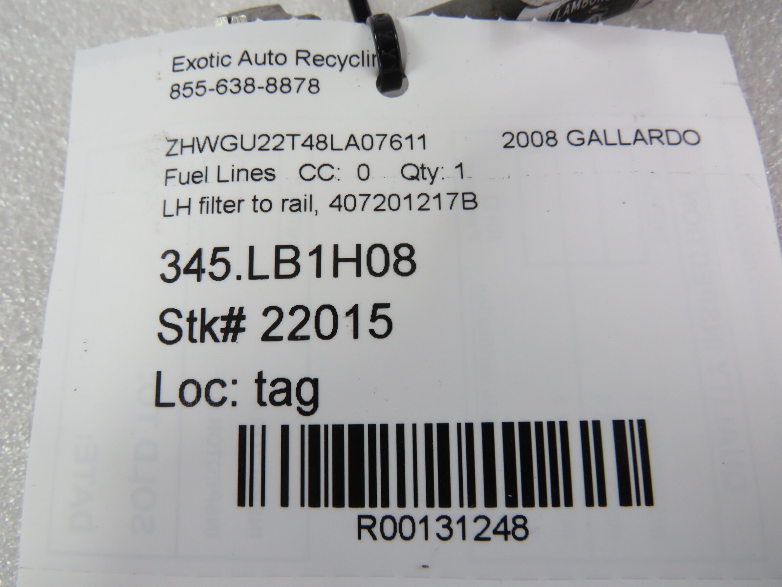 Lamborghini Gallardo, Spyder, LH, Fuel Line, Filter to Rail, Used, 407201217B