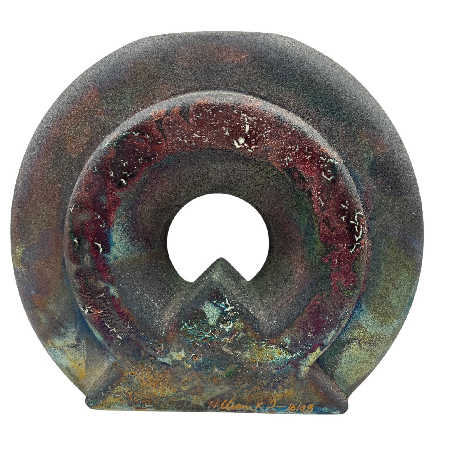 Signed William K Turner Studio Art Pottery Raku Round Iridescent Table Vase