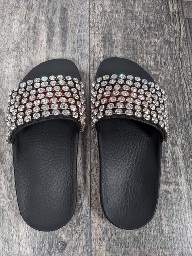 GUCCI Calfskin Leather Web Crystal Embellished Slide Sandals EU 35 NEW - Picture 5 of 9
