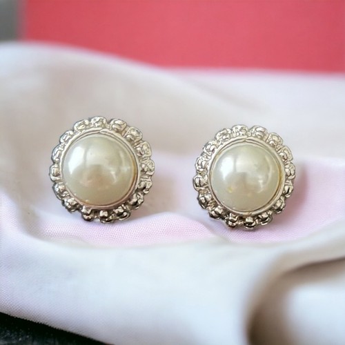 Silver Tone & Pearl 1" Stud Earrings - Picture 2 of 3