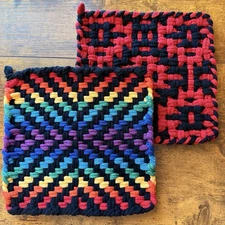 2 Handmade Potholders Cotton Loom Hot Pad Trivet Boho Retro Cottage Heirloom 8x8