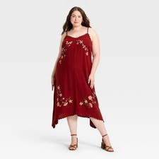 Women Linen Embroidered Midi High Low Dress - Universal Thread Red 3X