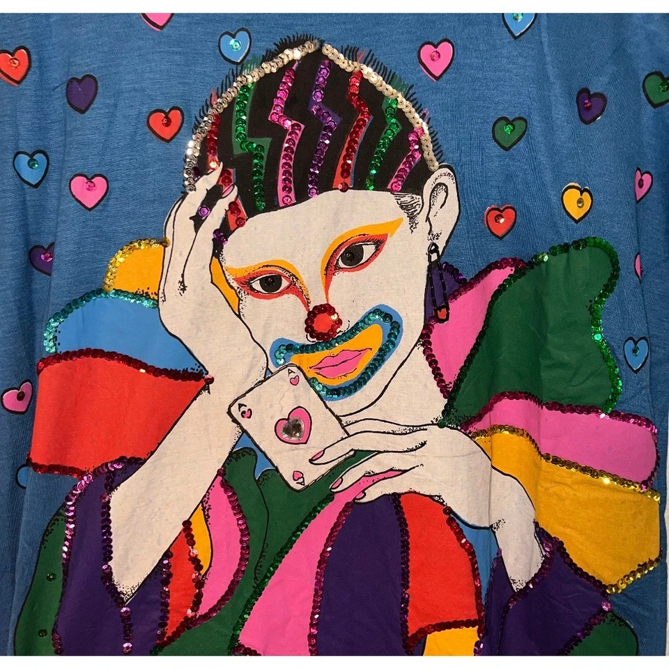 Бали Луна винтажный клоун блестки сердце футболка женщин синий ручной работы вискоза без размера - Изображение 2 из 4