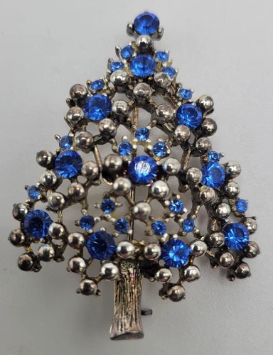 Vintage Eisenberg Ice Christmas Tree Brooch Silver Tone with Blue Rhinestones 2"