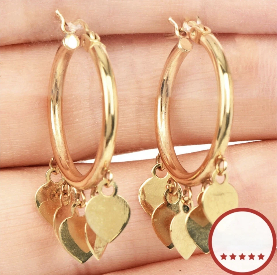 Pendientes de aro de corazón de oro de 14K - Coctelera de flecos colgantes - 2,6 gramos de oro macizo Foto 3 de 4