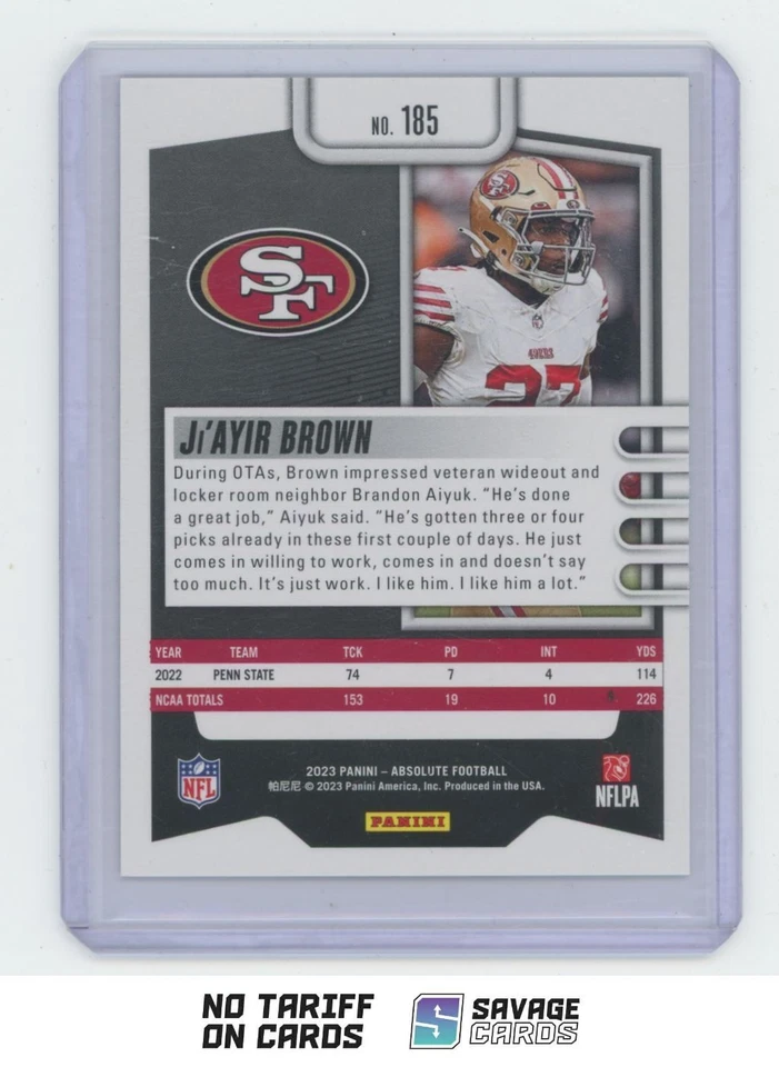 2023 Panini Absolute Rookie Ji'Ayir Brown #185 San Francisco 49ers - Image 2 of 3