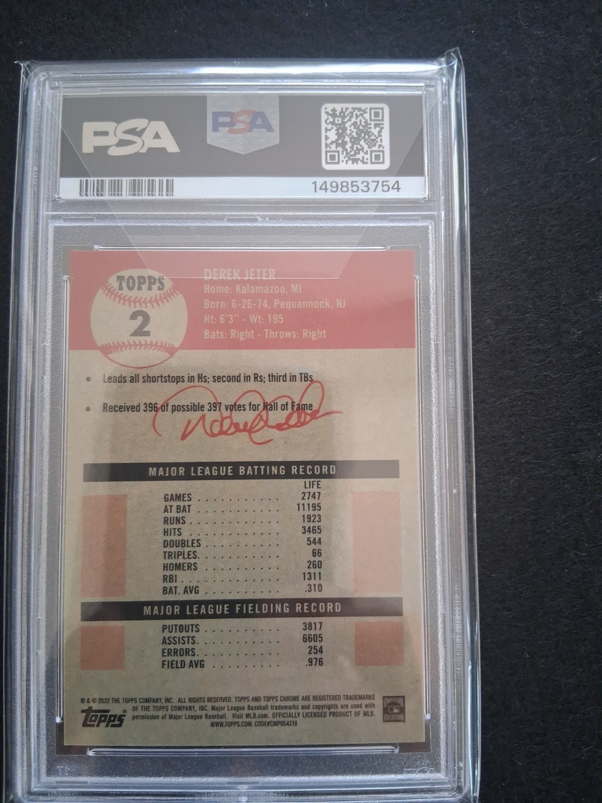 2022 Platinium Anniversary Derek Jeter PSA 10 view 2