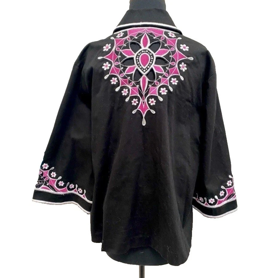 Chaqueta Top Bob Mackie Usable Artística Para Mujer Talla XL Bordada Floral Recortes Cremallera Foto 3 de 4