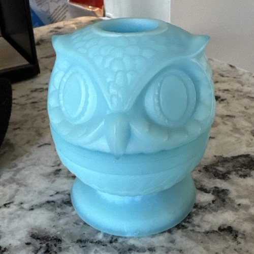 Fenton Blue Satin Glass Owl Fairy Lamp Vintage Candle Holder Art Glass 4”