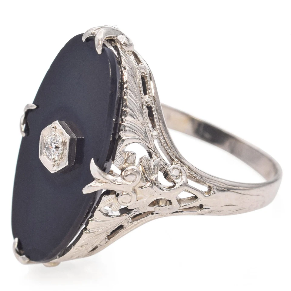 Anel de filigrana de ouro branco 14k com diamante ônix preto Art Deco - Imagem 4 de 4
