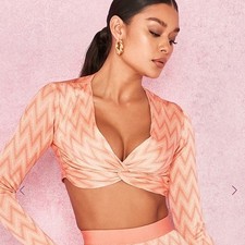 House of CB London Bertille Twist Front Chevron Crop Top Orange Peach XS