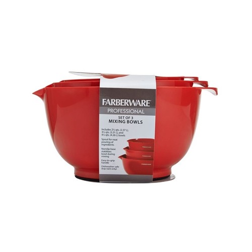 Professional Set of 3 Nesting Plastic Mixing Bowls Non-Slip Base Easy Clean Red - Picture 8 of 10