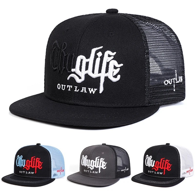 Fashion Embroidered Mesh Trucker Cap Hip Hop Flat Brim Snapback Unisex Beach Hat