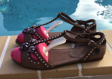 Miu Miu BROWN LEATHER PURPLE CRYSTAL DETAIL T STRAP FLAT Sz 37.5 MADE IN ITALY