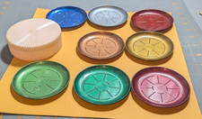 Vintage Mid Century 8 Hard Plastic Coaster Set Multicolor in a Case