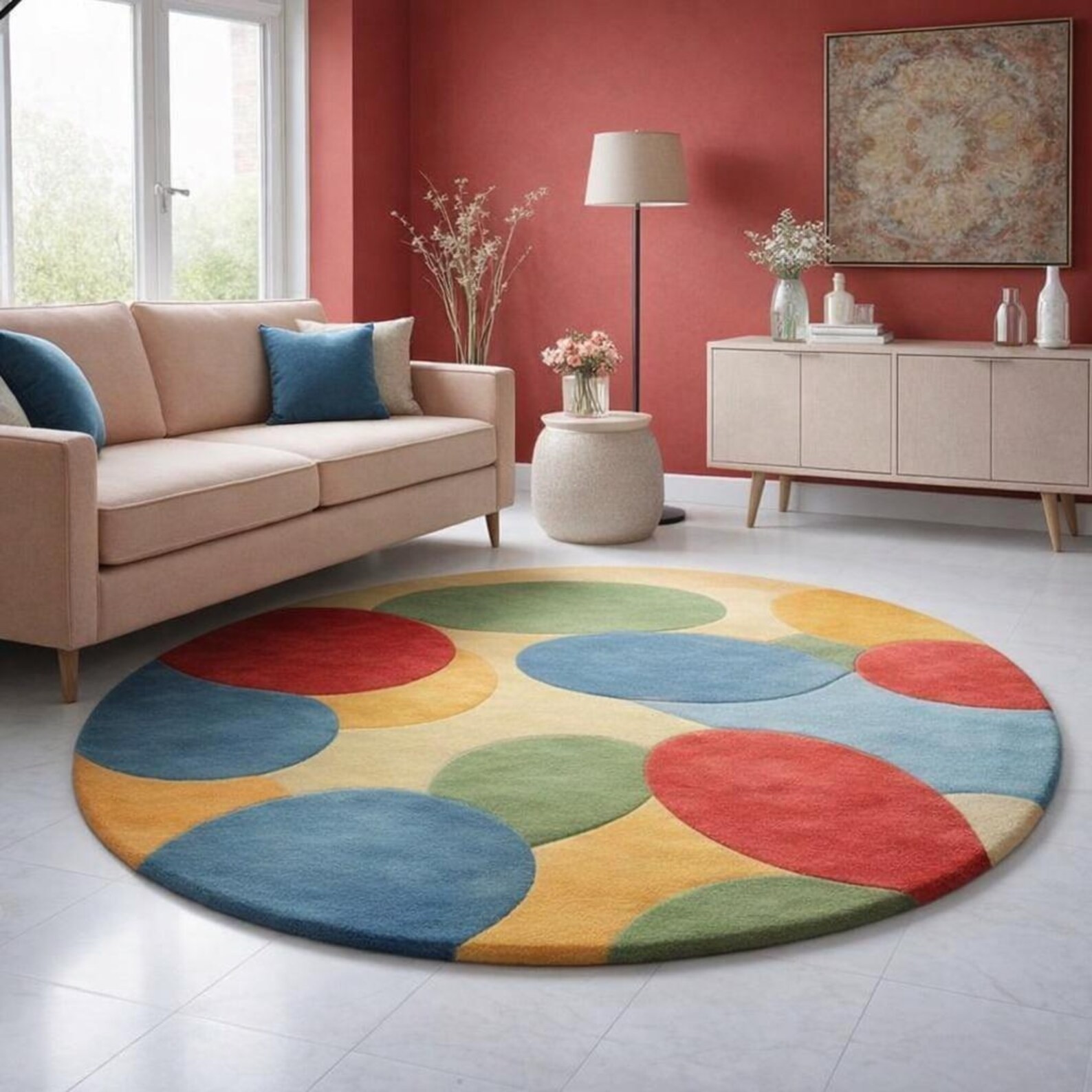 Hand-Tufted Modern Round Wool Rug – Colorful Geometric Circle Design