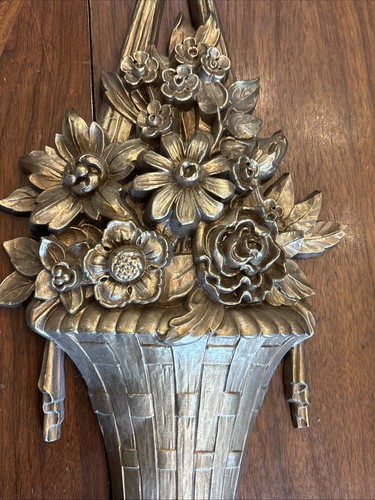 VTG MCM Syroco Dart 4967 Barbola Flower Basket 20.5” Gold Tone Wall Hanging 1964 - Picture 6 of 12