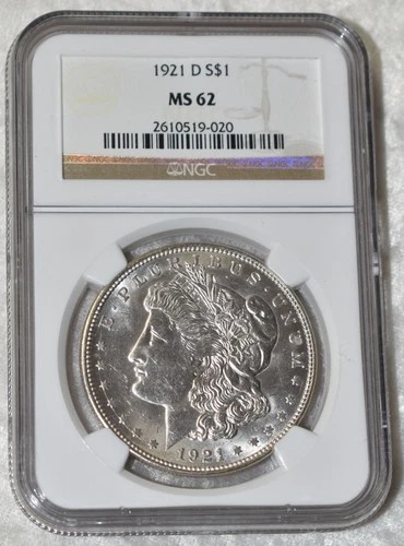 1921 D MORGAN 90% SILVER ONE $1 DOLLAR NGC CERTIFIED MS 62 MS62 DENVER MINT COIN
