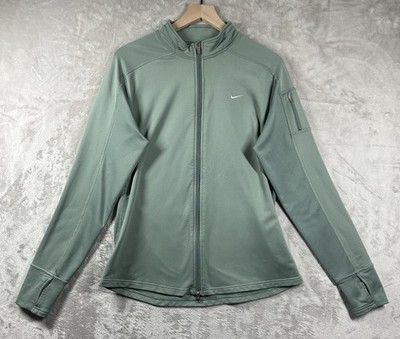 Nike Fit Dry Full Zip Jacket Womens XL Green Stretch Thumbholes Running Training