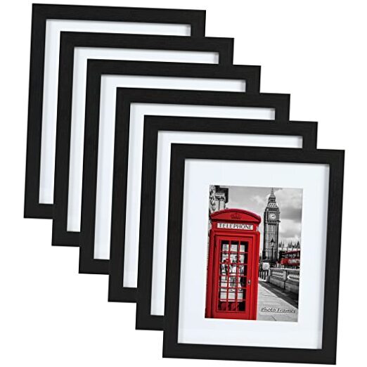 Picture Frame Set of 6, Display Pictures 8x10 with Mat 11x14 Black Woodgrain