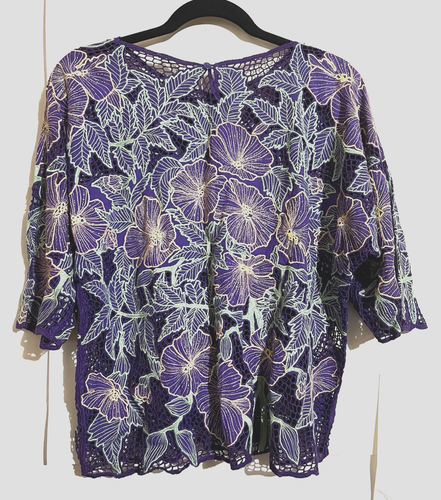 PURPLE blouse top floral boho eyelet women sz Large lace embroidered rayon