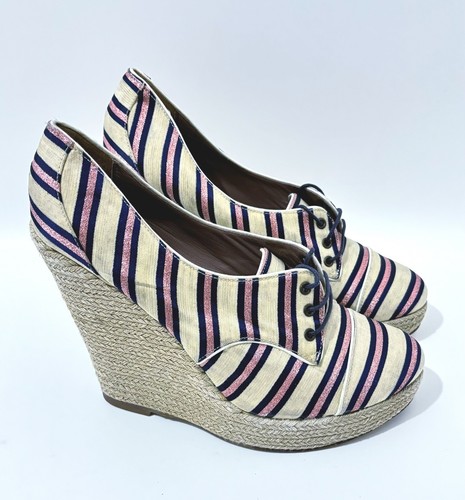 Tabitha Simmons Tie Striped Navy/Pink Glitter Oxford Wedge Shoes Size EUR 40.5 - Picture 2 of 8