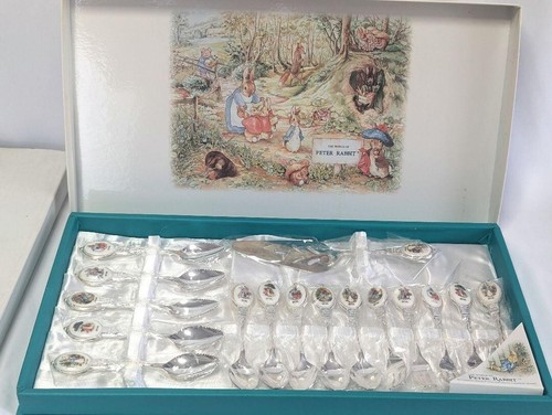 Peter Rabbit Cutlery Set of 16 Spoon Fork Cake Server Silver Color White - Picture 2 of 8