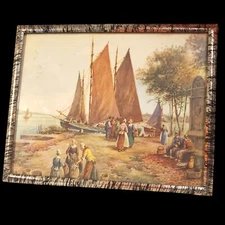Vintage Framed Print Mini C Moss Waterfront Scene Boats  Villagers Working