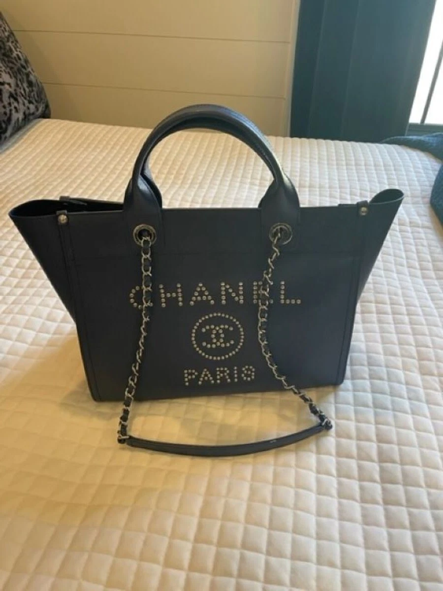 Chanel Deauville Tote Studded Caviar Small at 1stDibs  chanel deauville  tote caviar, chanel leather deauville tote, chanel caviar small studded  deauville tote black