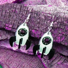 Shiny Mirrored Silver and Black Classic Rivet Rocket Space Ship Dangle Earrings