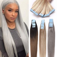 Tape in Human Hair Extensions Real Remy Human Hair Seamless Skin Weft Grey Thick