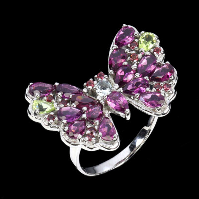 Valentine 925 Silver Ring Pear Rhodolite Garnet Aquamarine Gemstone Jewelry