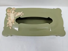 Vintage Schwarz Brothers Hinged Plastic Tissue Box Cover MCM Cherub Olive Green
